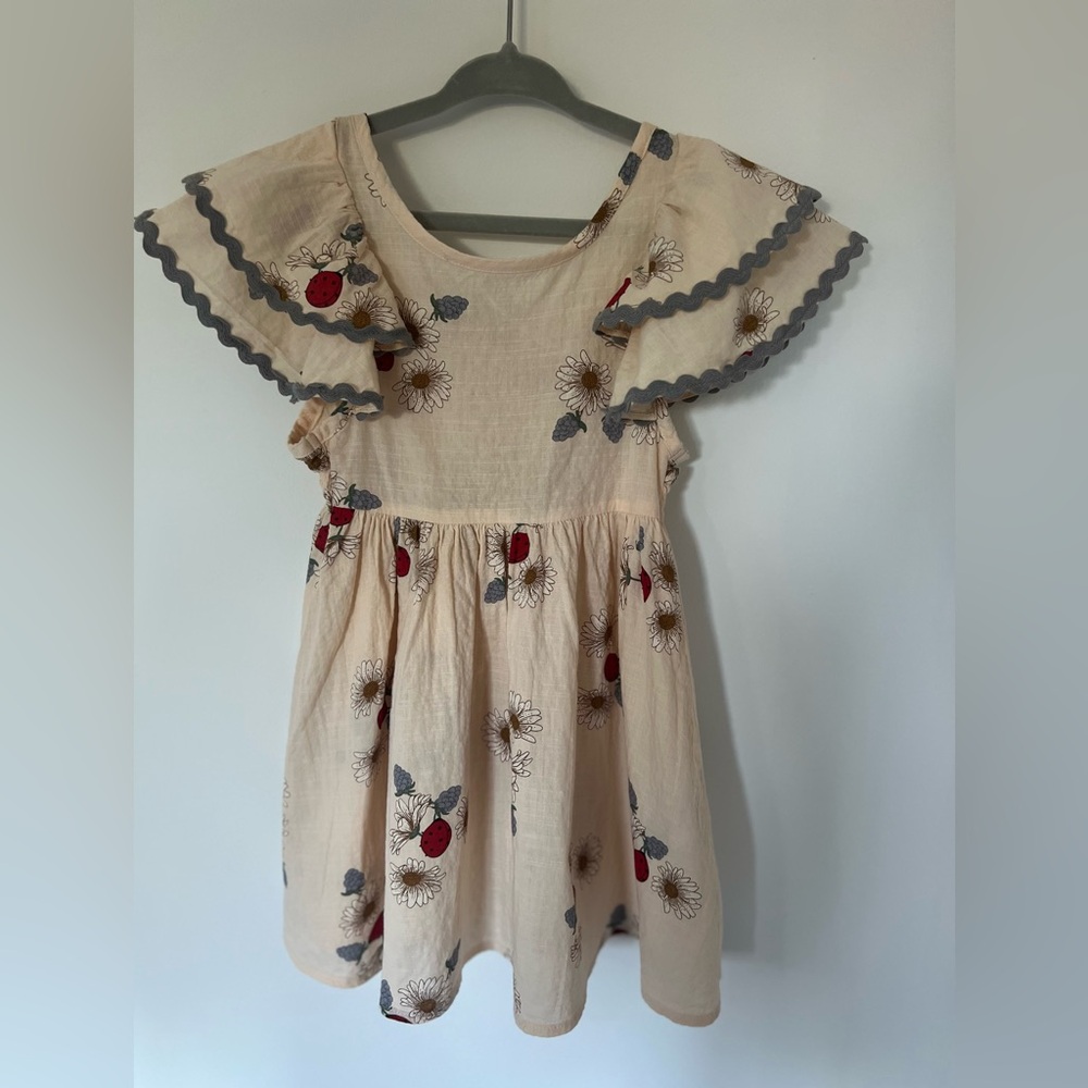 KONGES SLOJ  Floral Cream Kids Dress with Red Accents